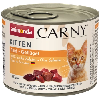 Dosenkatzenfutter mit der Aufschrift "animonda CARNY KITTEN", mit einem roten Kätzchen auf der Vorderseite, mit sichtbaren Rind- und Geflügelzutaten.