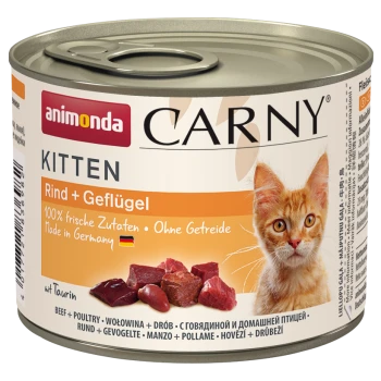 Karma w puszce dla kotów oznaczona "animonda CARNY KITTEN" z rudzikiem na froncie, z widocznymi składnikami wołowiny i drobiu.