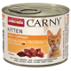 Dosenkatzenfutter mit der Aufschrift "animonda CARNY KITTEN", mit einem roten Kätzchen auf der Vorderseite, mit sichtbaren Rind- und Geflügelzutaten.