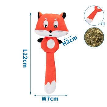 Ein plüschiger Fuchs-Spielzeug für Haustiere, 22 cm lang und 7 cm breit, mit einem lächelnden Gesicht und einem langen Schwanz.