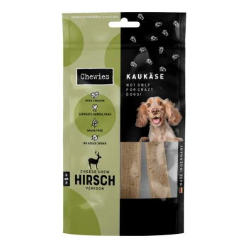 Verpackung für Chewies Käsekausn mit Wild, die einen glücklichen Hund zeigt, mit Hinweisen: unterstützt die Zahnpflege, getreidefrei, ohne Zuckerzusatz.