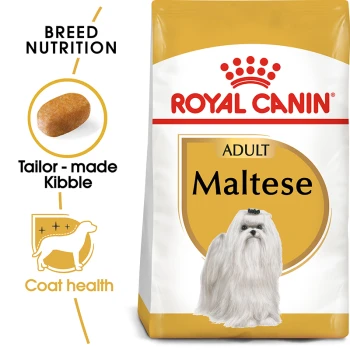 Royal Canin Adult Maltese dog food bag featuring a Maltese dog, with text highlighting "Breed Nutrition," "Tailor-made Kibble," and "Coat health."
