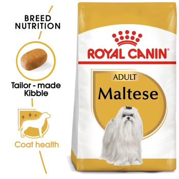 Royal Canin Adult Maltese dog food bag featuring a Maltese dog, with text highlighting "Breed Nutrition," "Tailor-made Kibble," and "Coat health."