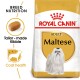 Royal Canin Adult Maltese dog food bag featuring a Maltese dog, with text highlighting "Breed Nutrition," "Tailor-made Kibble," and "Coat health."