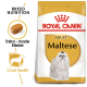 Royal Canin Adult Maltese dog food bag featuring a Maltese dog, with text highlighting "Breed Nutrition," "Tailor-made Kibble," and "Coat health."