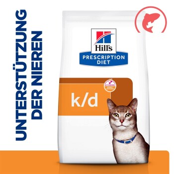 Hill's Prescription Diet k/d Katzenfutterbeutel mit Katzenporträt, ActivBiome+-Abzeichen und dem Text 'UNTERSTÜTZUNG DER NIEREN'.
