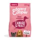Sac de nourriture pour chiens de la marque Edgard Cooper, étiqueté 'Sans céréales' et 'Canard & Poulet,' avec des illustrations d'un chien et d'un canard.