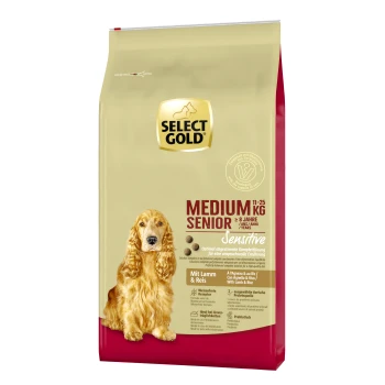 Sensitive Senior Medium Lamm und Reis 12 kg Select Gold Medium Senior Hundefuttertasche, 11-25 kg, mit einer sensiblen Formel mit Lamm und Reis, geeignet für Hunde über 8 Jahre.