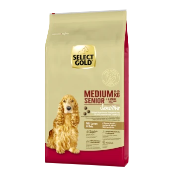 Sac de nourriture pour chiens Select Gold Medium Senior, 11-25 kg, avec une formule sensible à base d'agneau et de riz, adaptée aux chiens de plus de 8 ans.