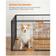 Ein Hund sitzt in einem Haustiergehege mit einer Schiebetür. Der Text lautet "Sichere Schiebetür" und erklärt die Sicherheitsmerkmale der Tür.