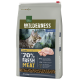 Sac de nourriture pour chats étiqueté "Wilderness Adult" présentant un profil de chat, avec "70% Fresh Meat" et "Huhn" (poulet) affichés en évidence.
