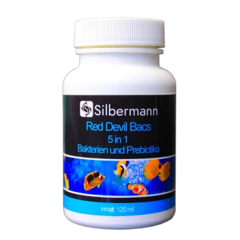 Flasche "Silbermann Red Devil Bacs" 5-in-1 Bakterien und Präbiotika für Fische, 120 ml, mit bunten Fischgrafiken auf dem Etikett.