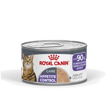 Royal Canin cat food can (Airlift Mousse) labeled 'Care Appetite Control', tabby cat image and 'Over 90%' claim.