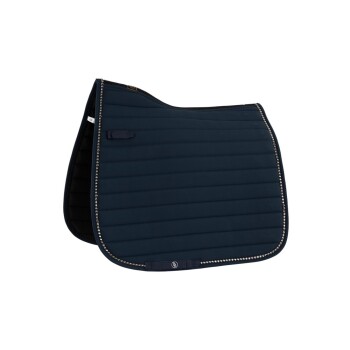 Marineblaue Pferdesattelunterlage mit gestepptem Design und dekorativer Paspelierung entlang der Kanten, mit einem Logotag.