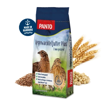 Tüte PANTO Legewachtelfutter Plus mit Bildern von Wachteln, Körnern und Text „Made in Hamburg“.