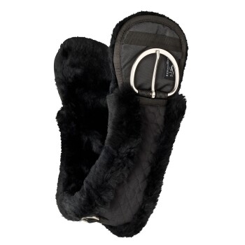 Schwarzer, fleecegefütterter Pferdegurt mit einer Metallschnalle, mit einer gesteppten Textur und dem Markenlogo "Equinate."