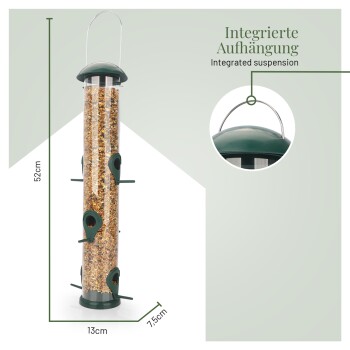 Ein grüner Vogelfutterspender mit einem klaren Samenrohr, 52 cm hoch, 13 cm breit und 7,5 cm tief, mit integrierter Aufhängung.
