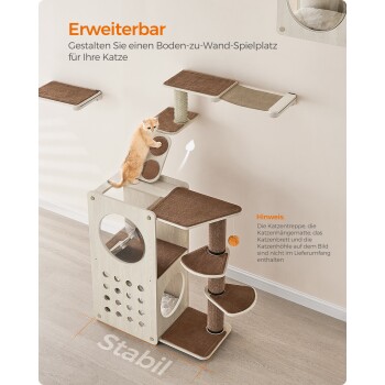 Katzen-Klettermöbel mit mehreren Ebenen, einem Kratzbaum und einer verspielten orangefarbenen Katze. Text: 'Erweiterbar' und 'Stabil'.