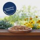 Eine Holzschüssel mit insektbasiertem Haustierfutter auf einer Holzoberfläche, umgeben von grünen Pflanzen und gelben Blumen, mit einem blauen Etikett darüber.