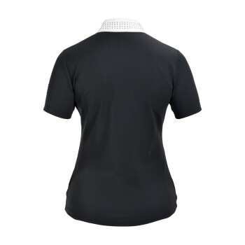 Ein schwarzes Poloshirt mit einem weißen gepunkteten Kragen, von hinten gezeigt, das sein schlankes Design und die kurzen Ärmel präsentiert.