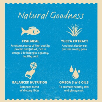 Natural Goodness infographic featuring fish meal, yucca extract, balanced nutrition, and omega 3 & 6 oils benefits for pets.