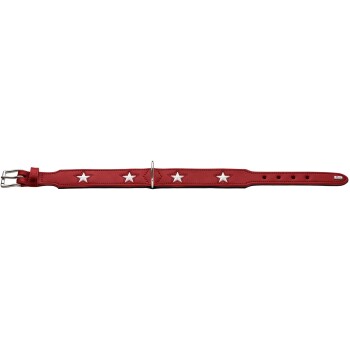 Rotes Leder-Halsband für Haustiere mit fünf weißen Sternverzierungen und einer silbernen Schnalle.