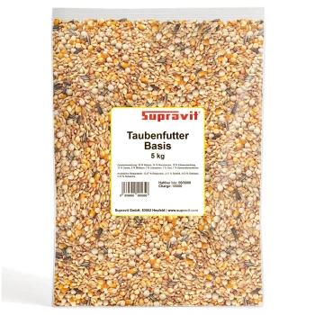 Beutel Supravit Taubenfutter Basis 5 kg Taubenfutter mit Mischkörnern und Samen, Barcode und Produktdetails.