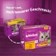 Whiskas Katzenfutterverpackung mit einer grauen Katzenbox, die "Geflügel Auswahl" beschriftet ist, und einer anderen mit einer gelben Schüssel, die "Gemischte Auswahl" beschriftet ist.
