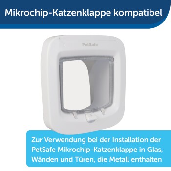 Mikrochip-Katzenklappe von PetSafe, kompatibel mit Glas, Wänden und Türen aus Metall, mit Anleitung zur Installation.