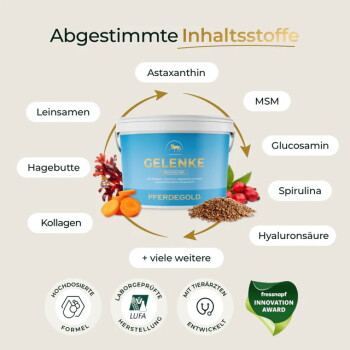 Behälter für das Pferdegold-Haustierergänzungsmittel in Blau, beschriftet mit "Gelenke" und "MUSCHELFREI," mit Hagebutten, Leinsamen und Zufriedenheitsikonen.