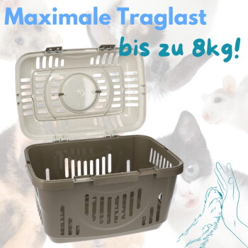 Offener brauner Plastik-Tierträger mit Belüftung; im Hintergrund Katzen und blauer Text 'Maximale Traglast bis zu 8 kg!'.