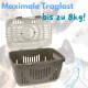 Offener brauner Plastik-Tierträger mit Belüftung; im Hintergrund Katzen und blauer Text 'Maximale Traglast bis zu 8 kg!'.