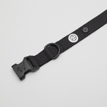 Schwarzes Hundehalsband mit einer Kunststoffschnalle, das ein rundes Etikett mit einem Recycling-Symbol und dem Text 'Nachhaltiger Haustierstil' zeigt.