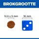 Image montrant une croquette pour animaux de compagnie marron à côté d'un dé bleu pour comparaison de taille, avec des dimensions étiquetées : croquette 12,5 x 5 mm, dé 16 mm.