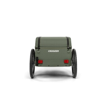 Grüner Haustieranhänger mit zwei schwarzen Rädern, mit dem Markennamen "CROOZER" auf der Rückseite und roten Reflektoren.