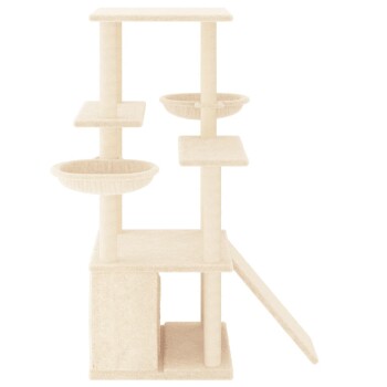 Katzenbaum mit mehreren Plattformen und zwei hängenden Schalen, entworfen zum Klettern und Ausruhen, in einer sanften beige Farbe.