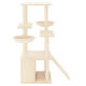 Katzenbaum mit mehreren Plattformen und zwei hängenden Schalen, entworfen zum Klettern und Ausruhen, in einer sanften beige Farbe.