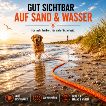 Orange geflochtene Hundeleine mit schwarzem Griff und silbernem Metallkarabiner auf weißem Hintergrund.
