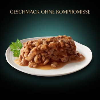 Ein Teller mit feuchtem Haustierfutter, der einen groben Fleischlaib in Soße zeigt, garniert mit einem Zweig Petersilie, mit dem Text "GESCHMACK OHNE KOMPROMISSE" darüber.
