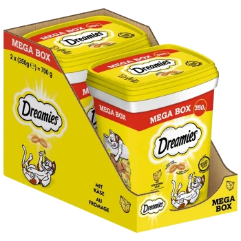Zwei gelbe Behälter mit Dreamies-Katzenleckerlis, jeweils 350g, in einem Papphalter mit der Aufschrift "MEGA BOX" und einer verspielten Katzen-Grafik.