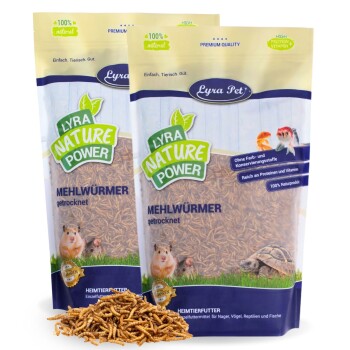 Wiederverwendbare Tüte mit Lyra Nature Power getrockneten Mehlwürmern, mit einem Hamster und einer Schildkröte, die hohen Protein- und natürliche Zutaten hervorhebt.