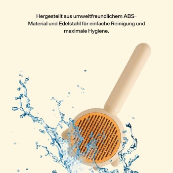 Ein Haustierpflegewerkzeug aus umweltfreundlichem ABS-Material und Edelstahl, gezeigt mit Wasserspritzern, das die einfache Reinigung und Hygiene betont.