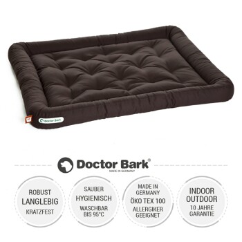 Schwarzes Haustierbett mit gepolstertem Design, beschriftet mit "Doctor Bark", mit Text über Haltbarkeit, Hygiene und Pflegehinweise.