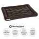 Schwarzes Haustierbett mit gepolstertem Design, beschriftet mit "Doctor Bark", mit Text über Haltbarkeit, Hygiene und Pflegehinweise.