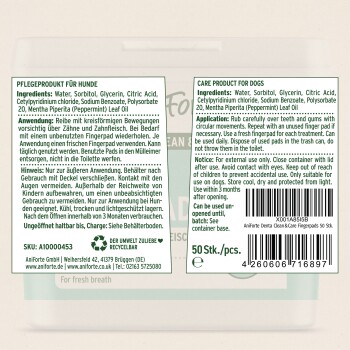 Pflegeprodukt für Hunde, AniForte Denta Clean & Care Fingerpads, 50 Pads. Zutaten: Wasser, Sorbitol, Glycerin, Zitronensäure usw.