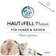 Haut & Fell Pulver für Hunde und Katzen, mit einem Mops und einer schlafenden getigerten Katze, mit "Made in Germany" und 120g Etikett.