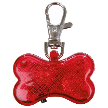 Rotes, knochenförmiges Haustierlicht mit einem Metallclip zur Befestigung, entworfen für Sichtbarkeit während nächtlicher Spaziergänge.
