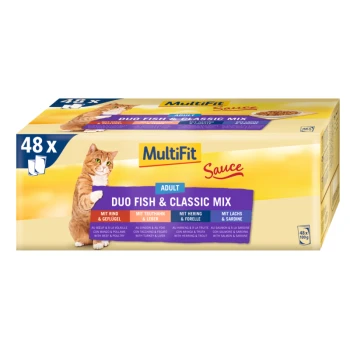 Paquet de 48 aliments pour chats MultiFit Sauce, présentant "Duo Fish & Classic Mix" avec des saveurs comprenant du bœuf, de la volaille, de la dinde, du hareng et du saumon.