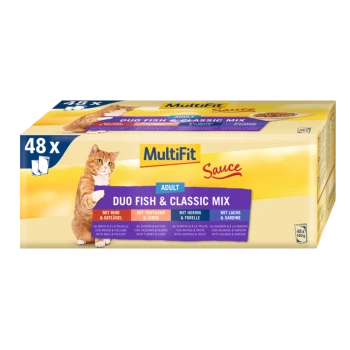 Packung mit 48 MultiFit Sauce Katzenfutter, mit "Duo Fish & Classic Mix" und Geschmacksrichtungen wie Rind, Geflügel, Truthahn, Hering und Lachs.