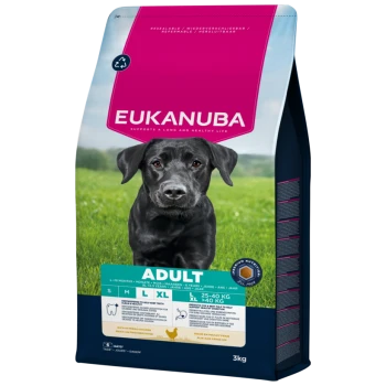 Sac de nourriture pour chiens Eukanuba Adult 3 kg avec bandeau rose, photo d'un chien noir, textes bien visibles « EUKANUBA » et « ADULT ».